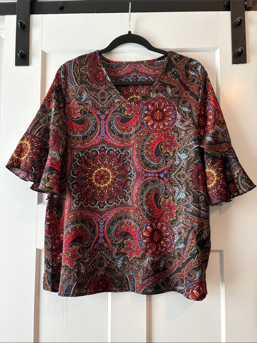 Women's Red Paisley Ruffle Sleeve Top